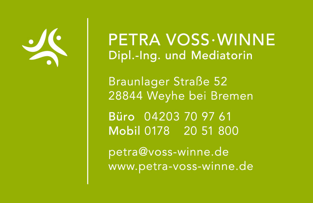 Petra Voss-Winne
Dipl.-Ing. und Mediatorin
E-Mail: petra@voss-winne.de